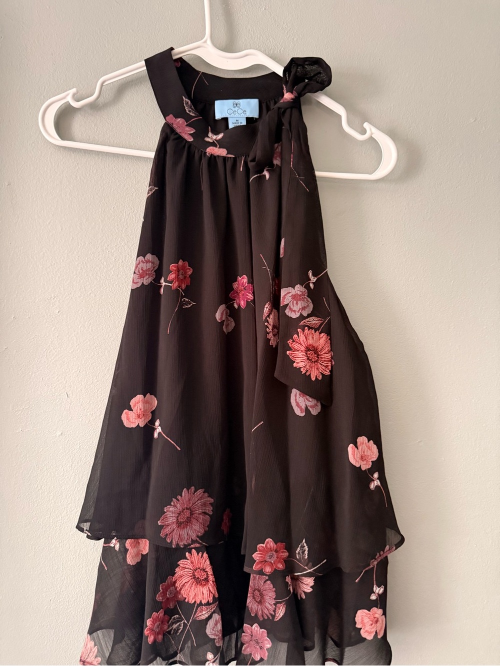 CeCe Black top with Pink Floral Tie-Shoulder Halter